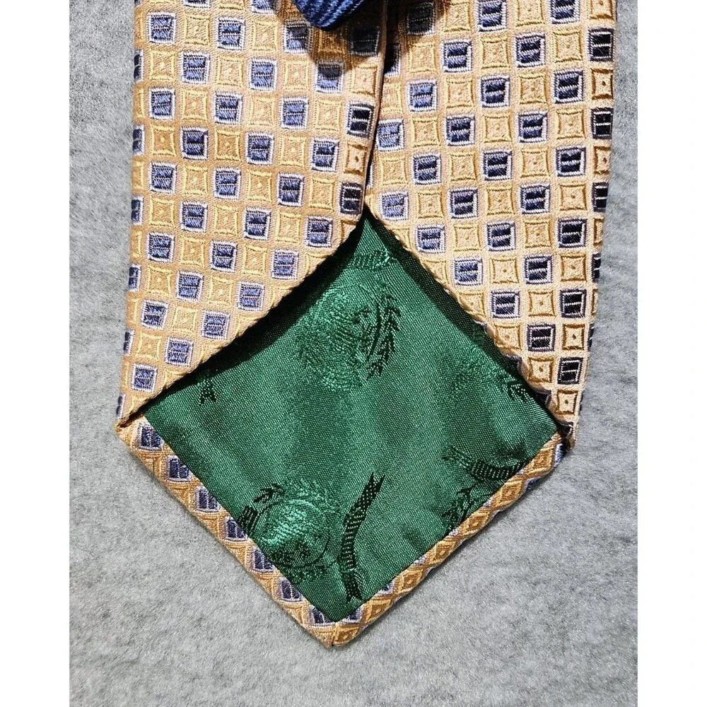Tommy Hilfiger 100% Silk Tie Gold Blue Geometric Men's Designer Necktie